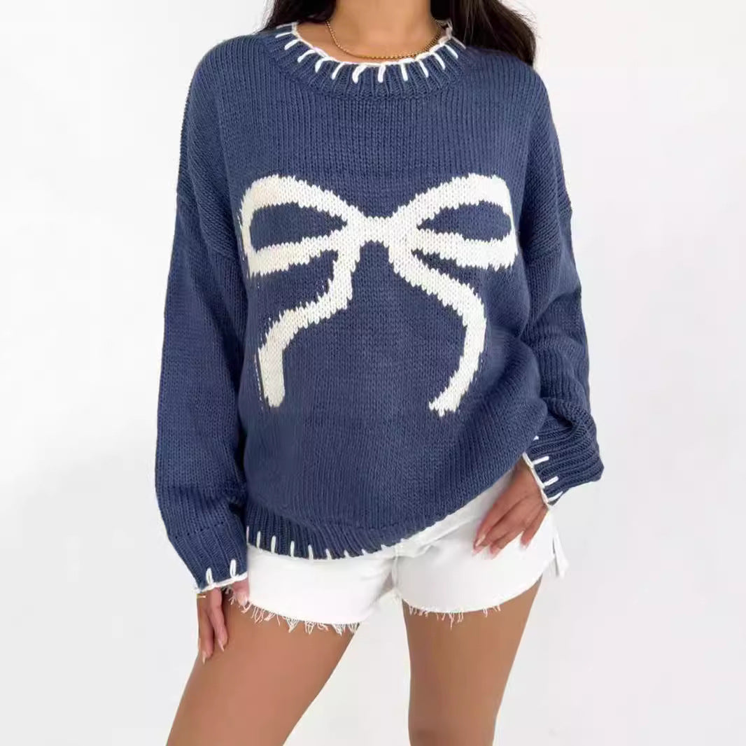 Women's Bow Brocade Idle Style Loose Warm Sweaters