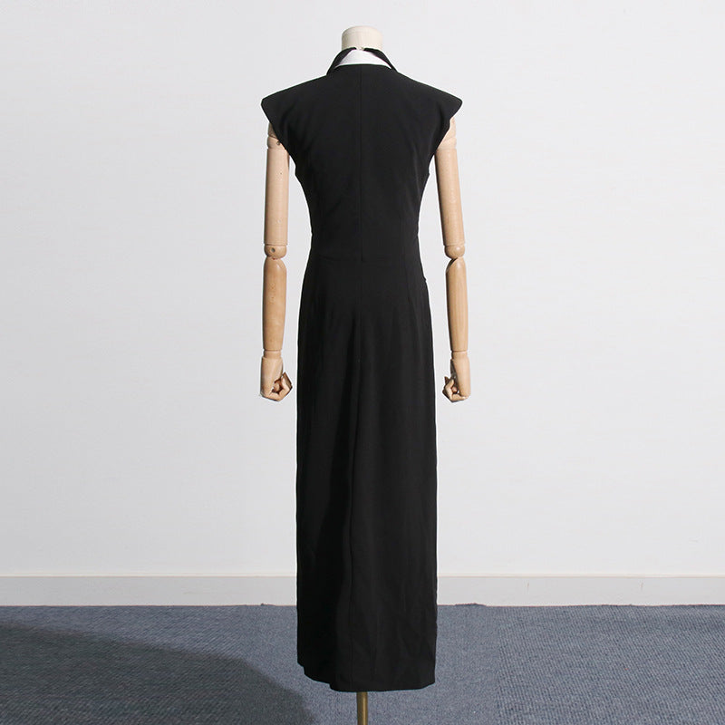 Women's Summer High-grade Lapel Hollow Split Elegant Black Dress Dresses