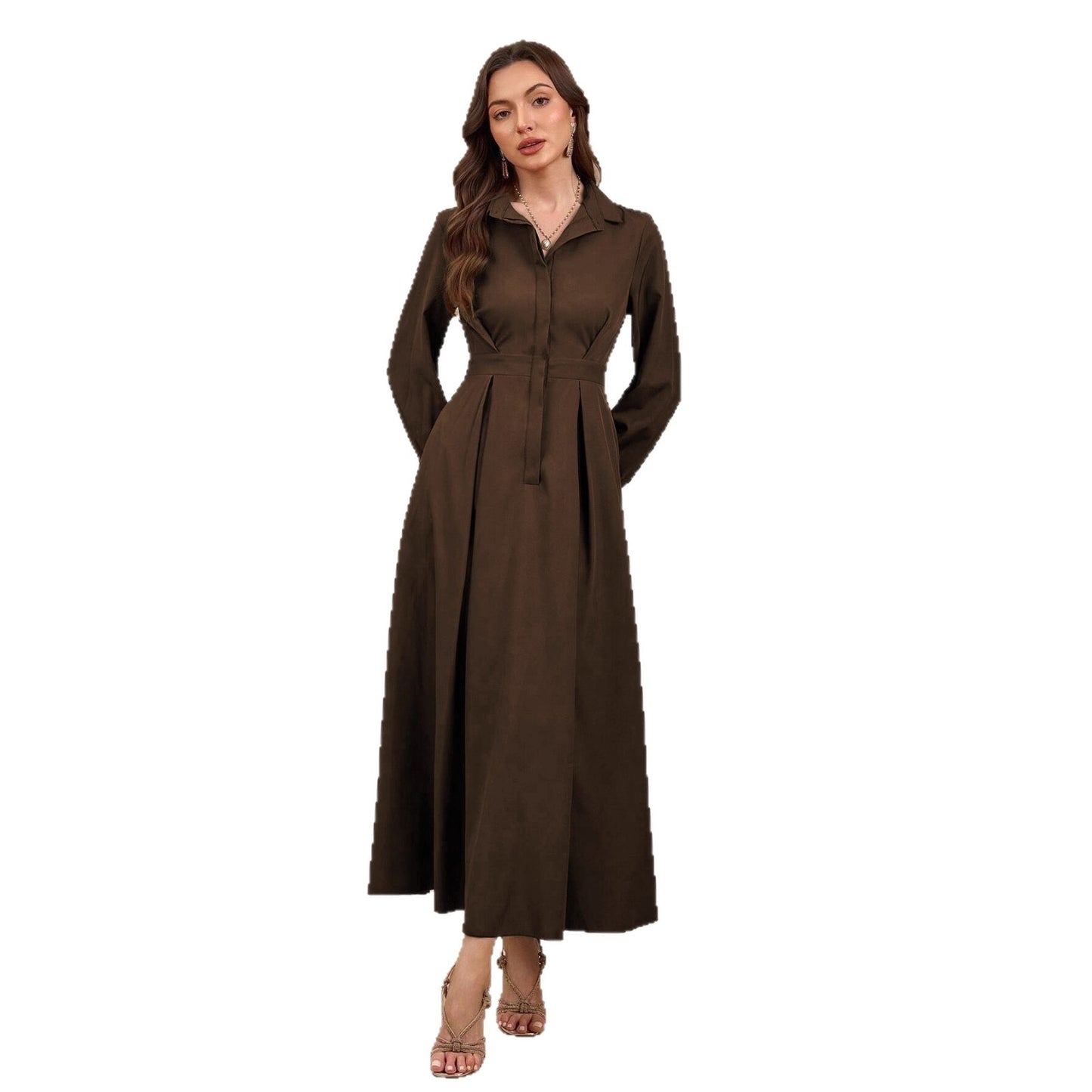 Women's Collar Slimming Solid Color A- Line Dress