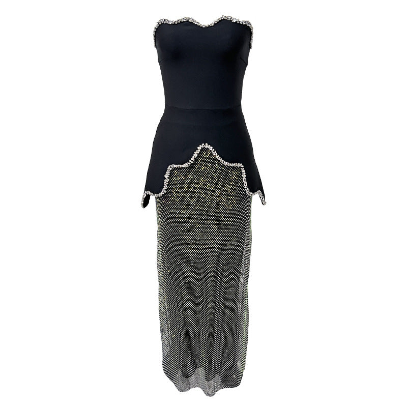 Black Crystal Tube Bandage Rhinestone High Waist Suits