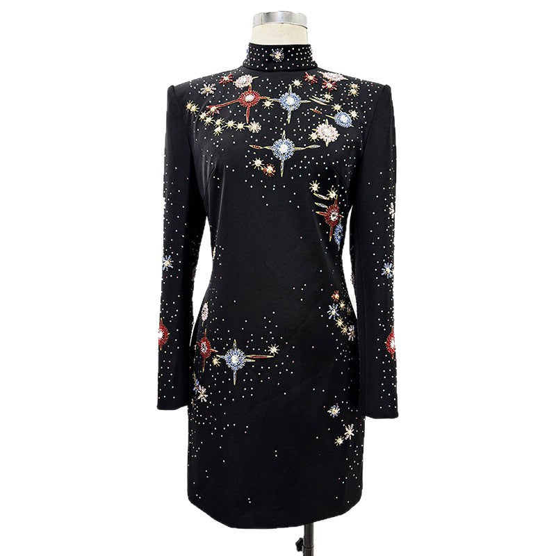 Fashion Diamond Embroidered Beads Rhinestone Long-sleeved Dress