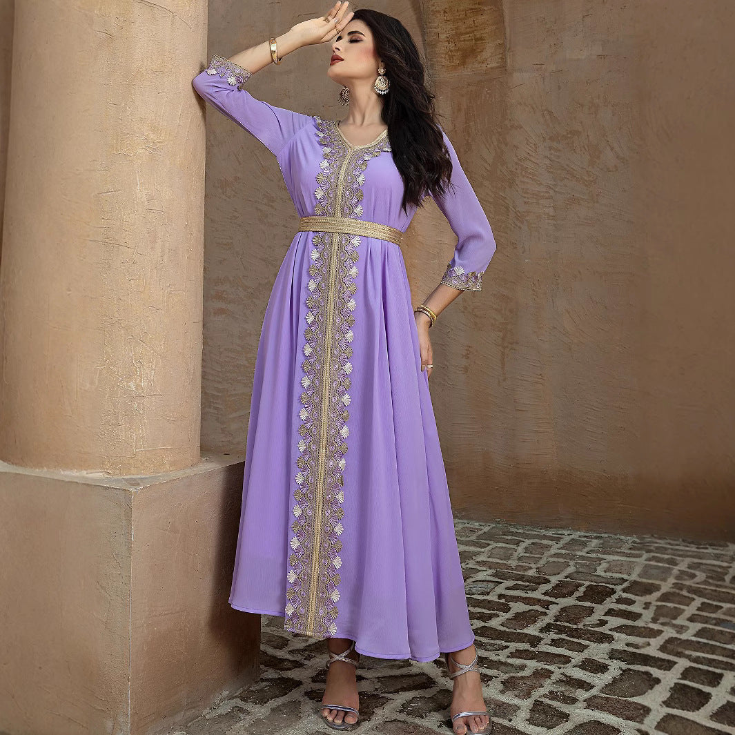 Violet Swing Stitching Golden Ribbon Temperament Dresses
