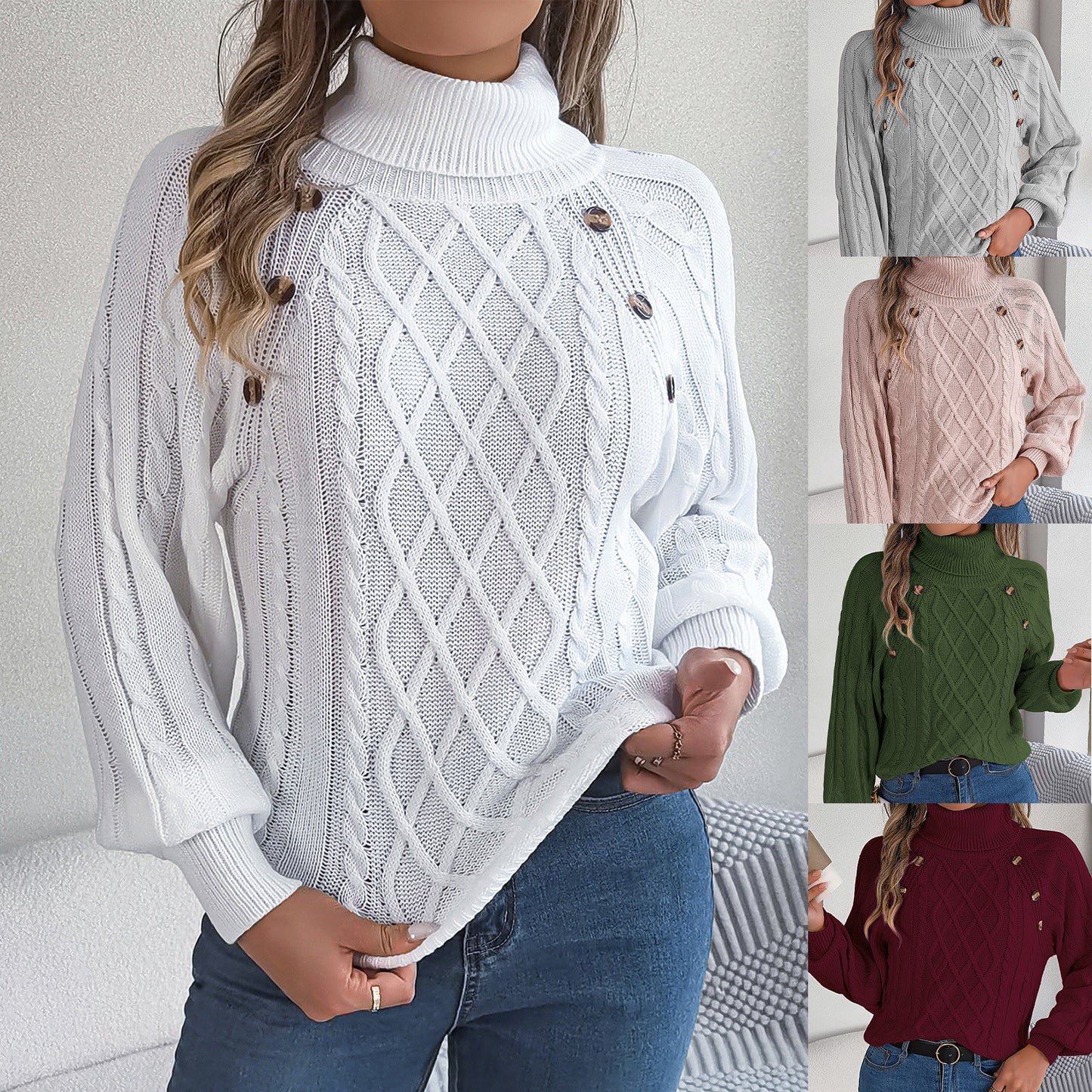 Women's Leisure Solid Color Buttons Turtleneck Lantern Sleeve Sweater