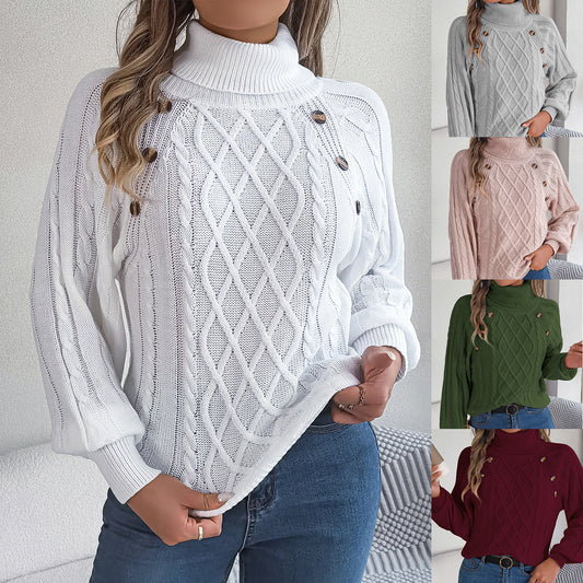 Women's Leisure Solid Color Buttons Turtleneck Lantern Sleeve Sweater