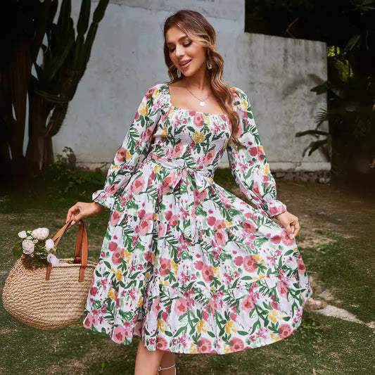 Square Collar Flared Long Sleeve High Waist Dresses