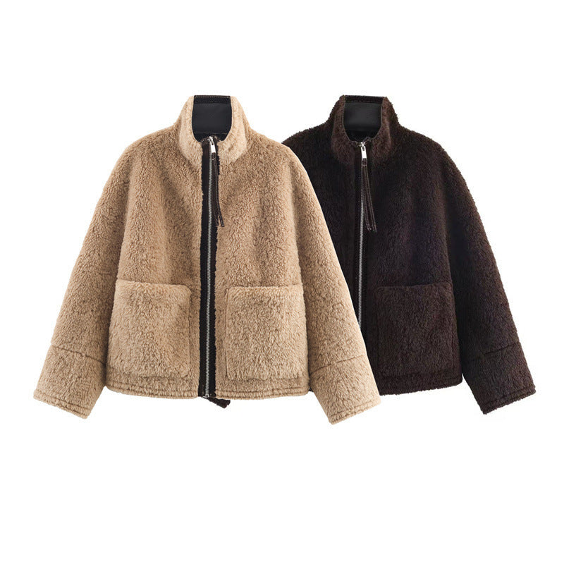 Women's High Neck Long Sleeve Pocket Decoration Coats