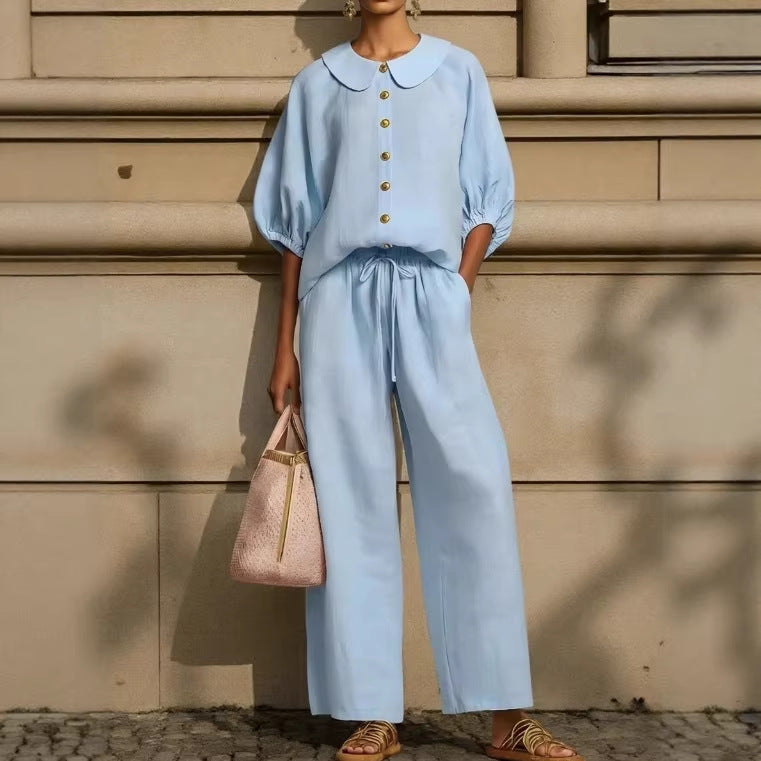 Women's Cotton Linen Lantern Sleeve Shirt Drawstring Fashion Casual Suit