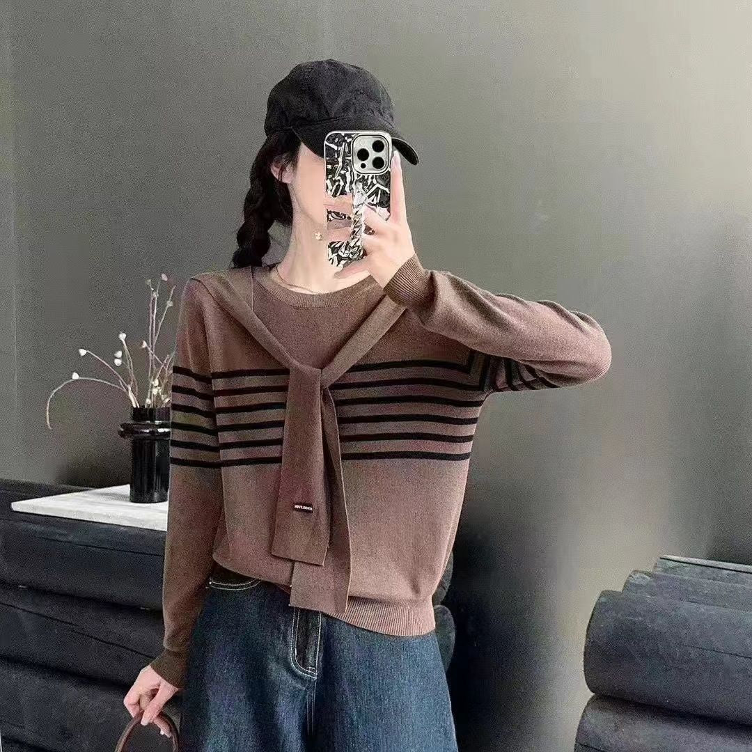 Niche Trendy Long Sleeve Striped Shawl Fake Two-piece Knitted Tops