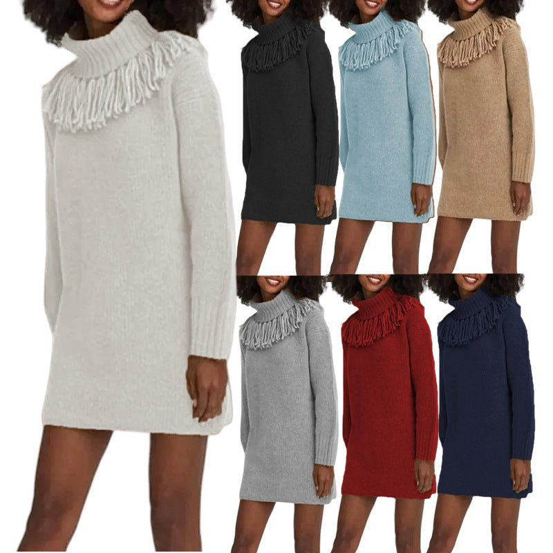 Knitted Tassel Bucket Turtleneck Dress Mid-length Women's Sweater