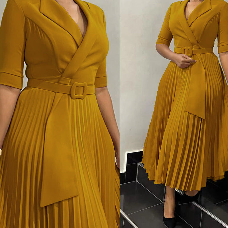 Women's Fashion Tailored Collar Tie Pleated African Dresses