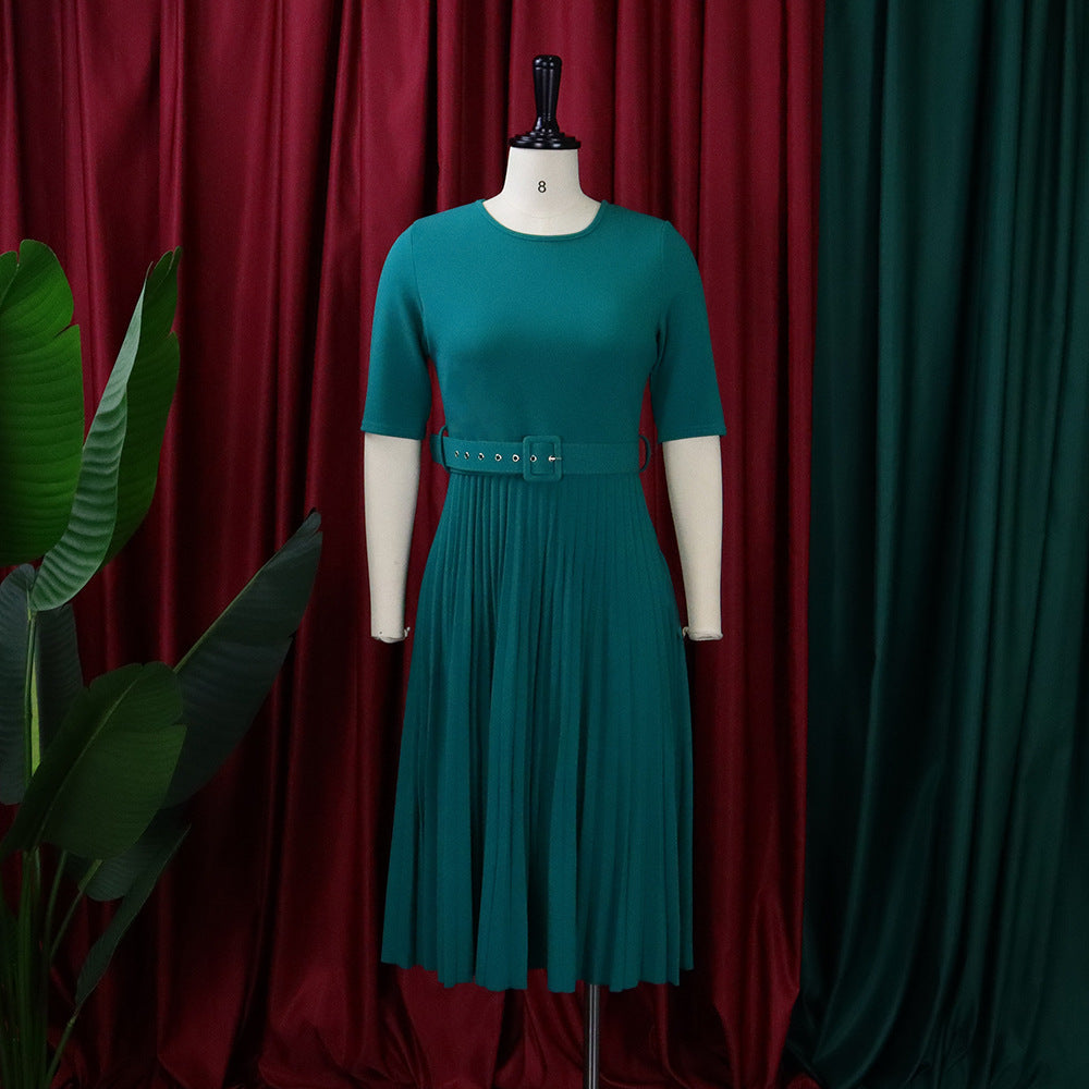 Women's Summer Sleeve Round Neck Waist Trimming Solid Dress