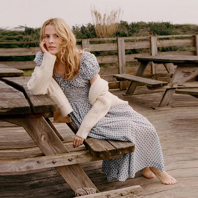 Women's Floral Square Collar Cotton Holiday Midi Dress Dresses