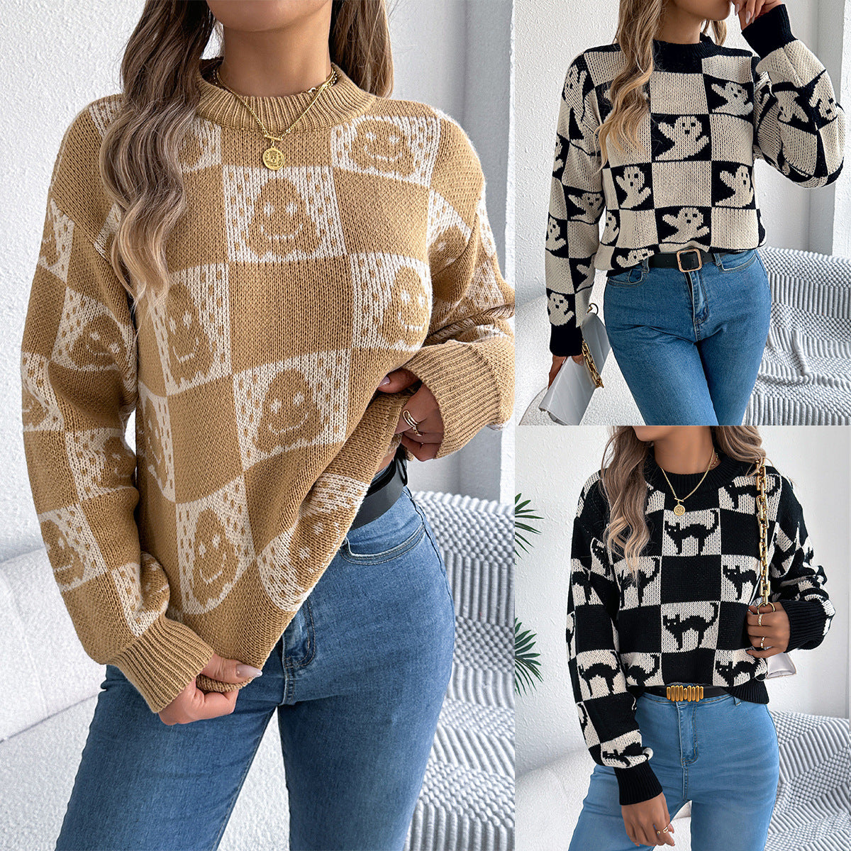 Women's Halloween Plaid Lantern Long Sleeve Pullover Sweater