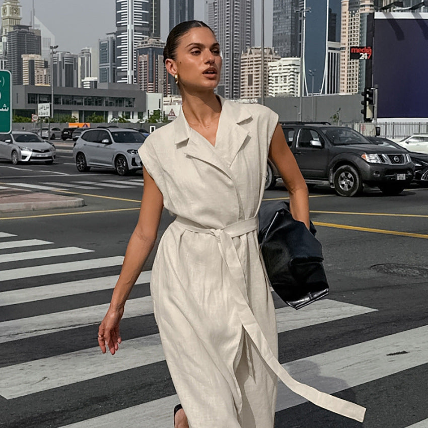 Style Temperament Cotton Linen Collar Belt Skirts