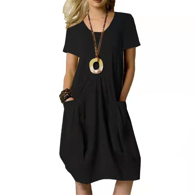 Cotton Linen Solid Color Loose Round Dress