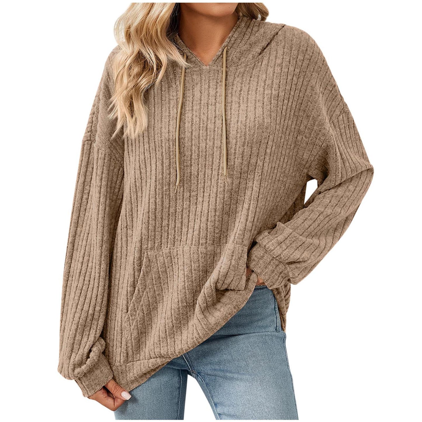 Women's Color Long Sleeve Hooded Sunken Stripe Women's Sweater, Sweater