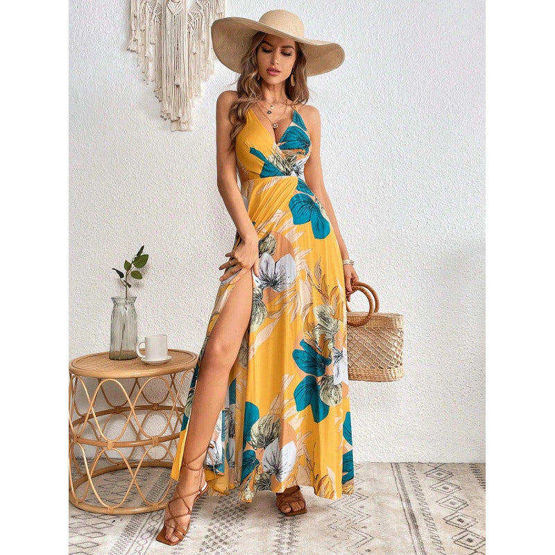 Attractive Tropical Printing Thigh Split Strap Dress