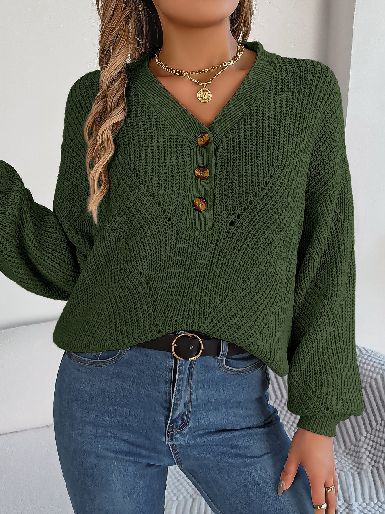 Women's Hollow Out Button Lantern Sleeve Pullover Sweater