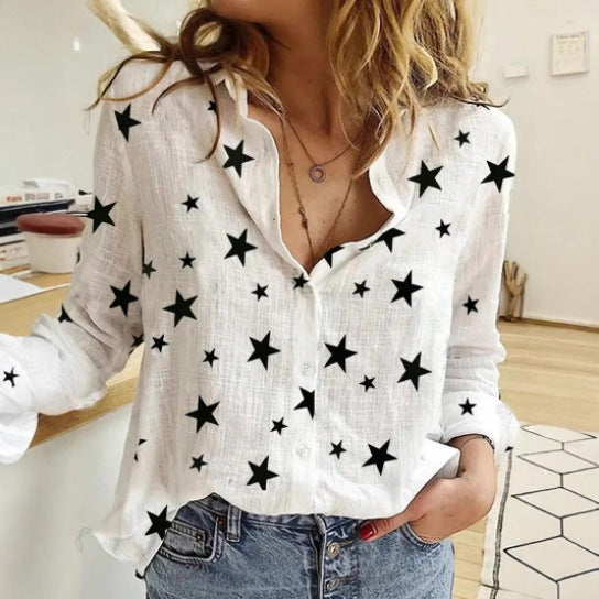 Women's Dot Print Casual Long Sleeve Linen Blouses