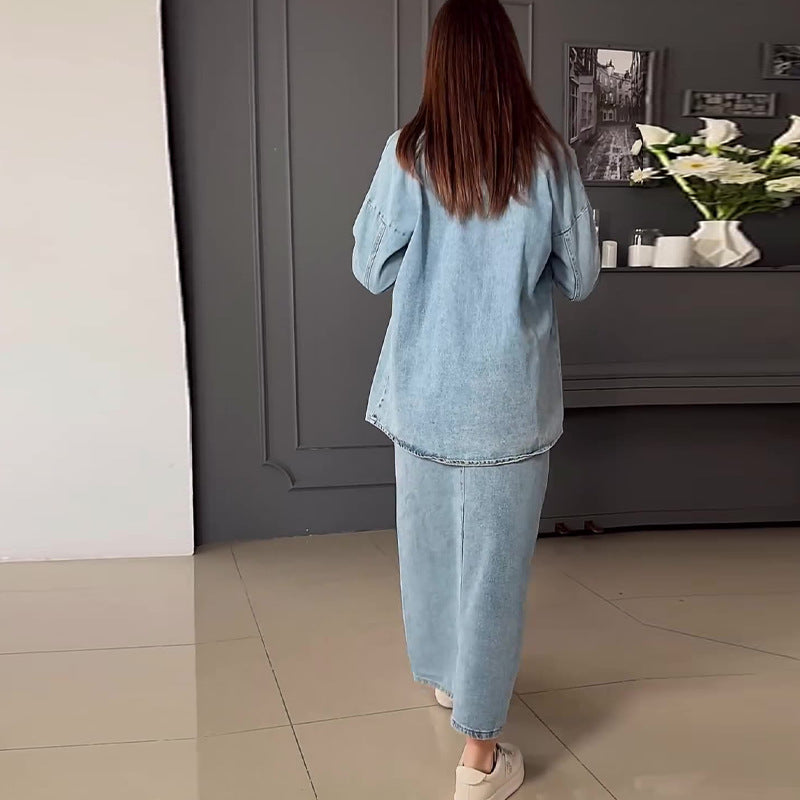 Autumn Vintage Fashion Washed Casual Denim Suits