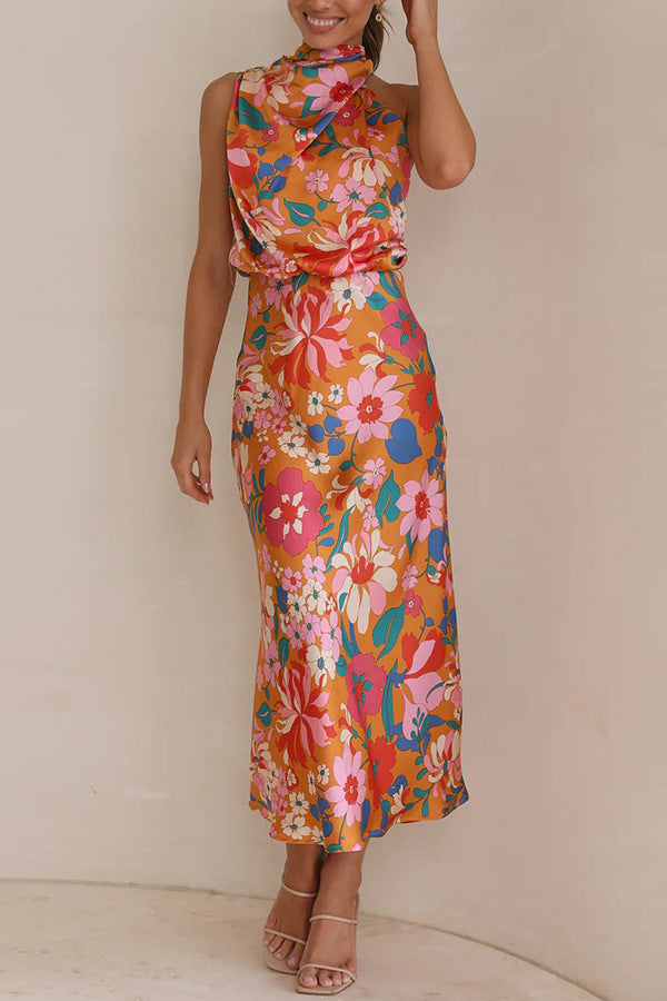 Women's Mature Elegant Sleeveless Strap Printing Satin Dresses