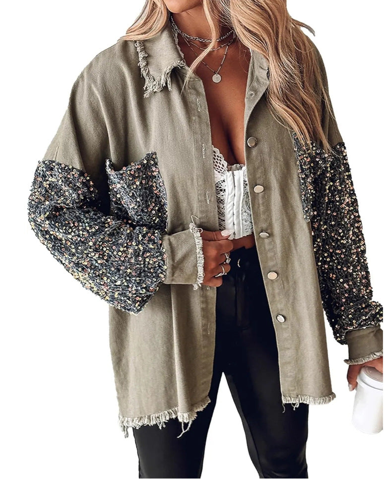Denim Pullover Long Sleeve Sequined Patchwork Jackets