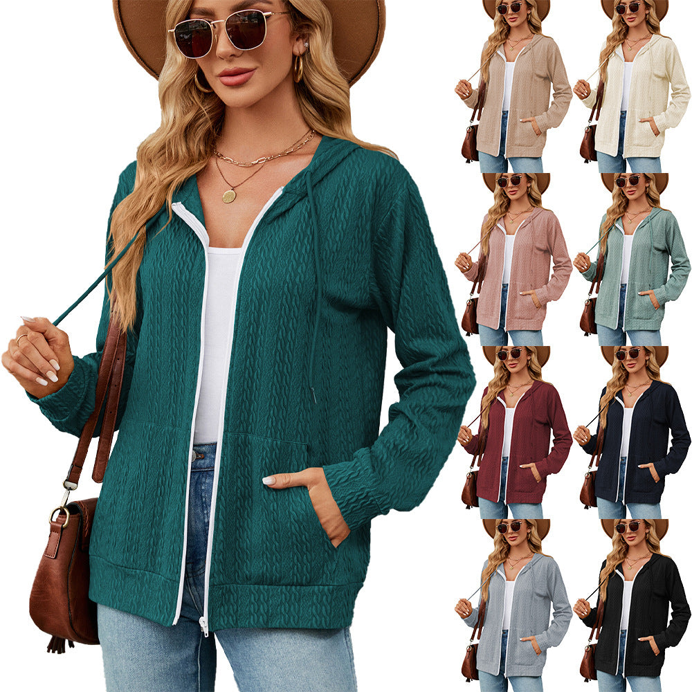 Women's Loose Long Sleeve Hooded Zip Pocket Cardigans