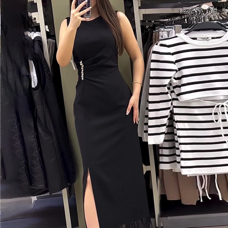 Women's Solid Color Sleeveless Slim Bottom Tassel Dresses