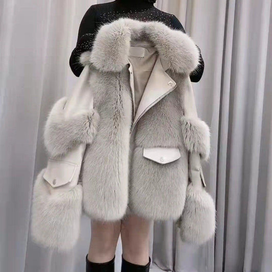 Elegant Imitation Fox Fur Integrated Wind Coats