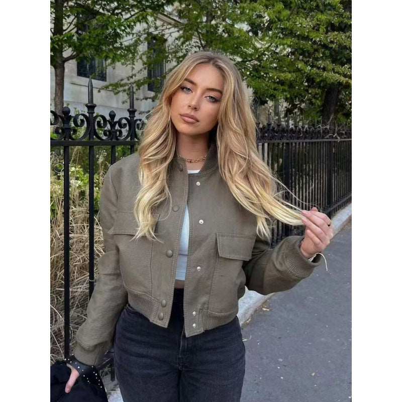 Women's Color Stand Collar Large Pocket Jackets