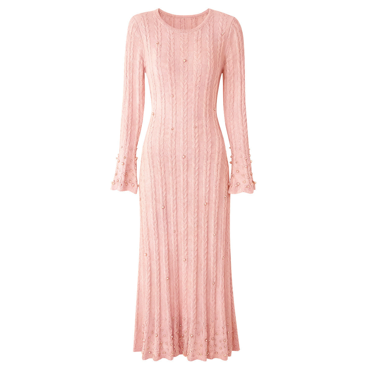 Wool Round Neck Nail Pearl Flared Dresses