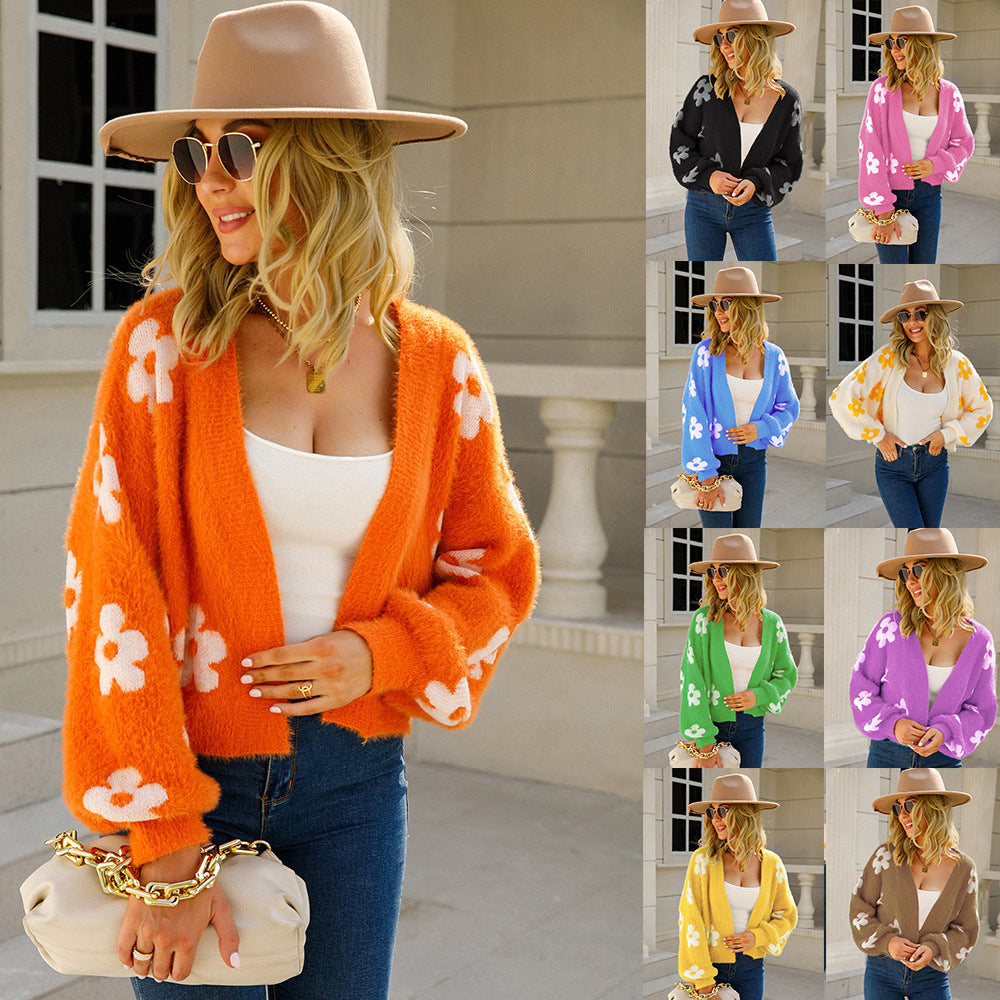 Autumn Street Style Sleeve Hipster Flowers Knitwear