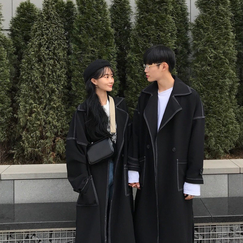 Women's & Men's & Textured College Style Long Lovers Trench Over The Coats