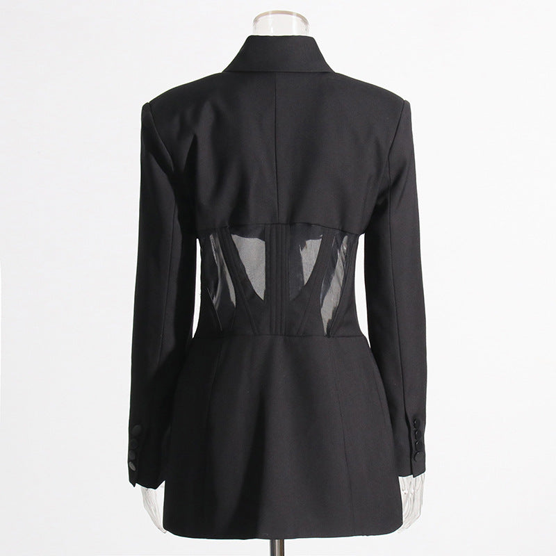 Women's Fishbone Waist Mesh Stitching Design Black Blazers
