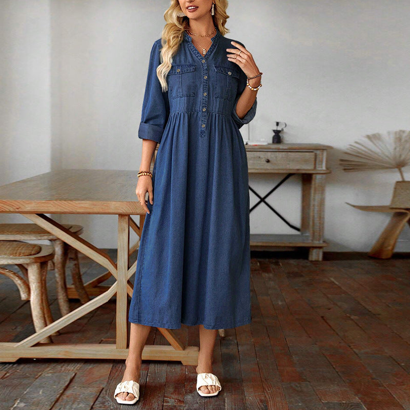 Women's Denim Stand Collar Button Long Sleeve Dresses