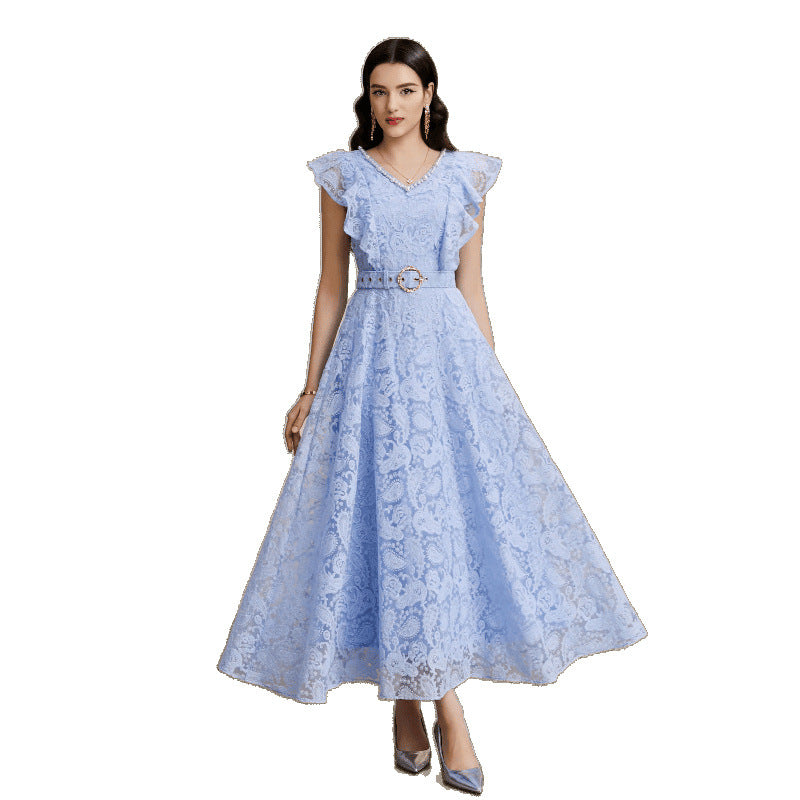 Women's Flying Sleeve Dress Mesh Embroidered Waist Dresses
