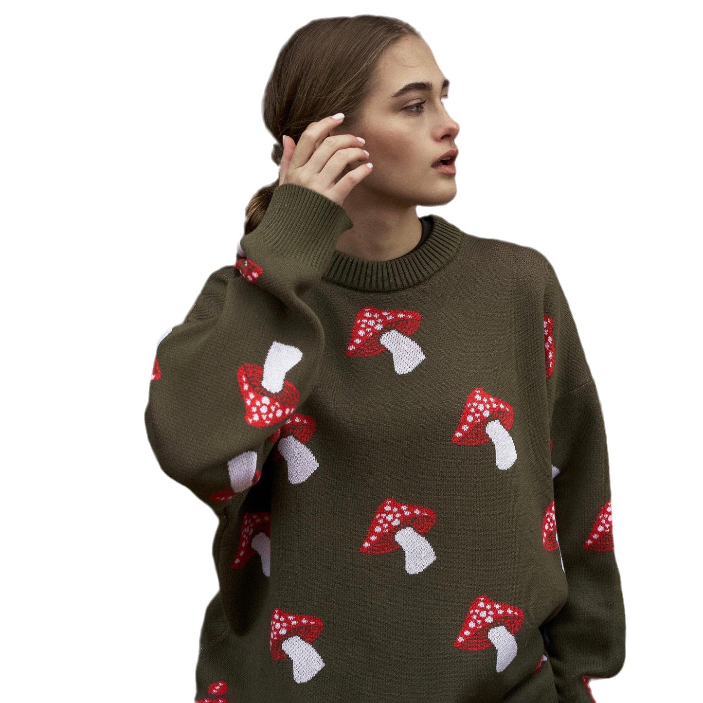 Women's Mushroom Print Contrast Color Pullover Female Sweaters