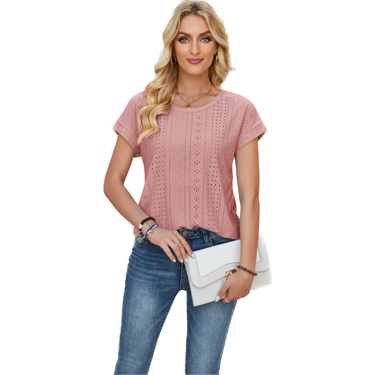 Women's Loose Round Neck Eyelet Lace Solid Blouses