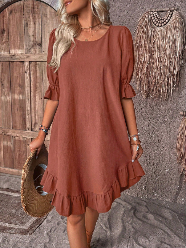 Women's Cotton Linen Half Sleeve Round Neck Solid Color Loose Big Dress