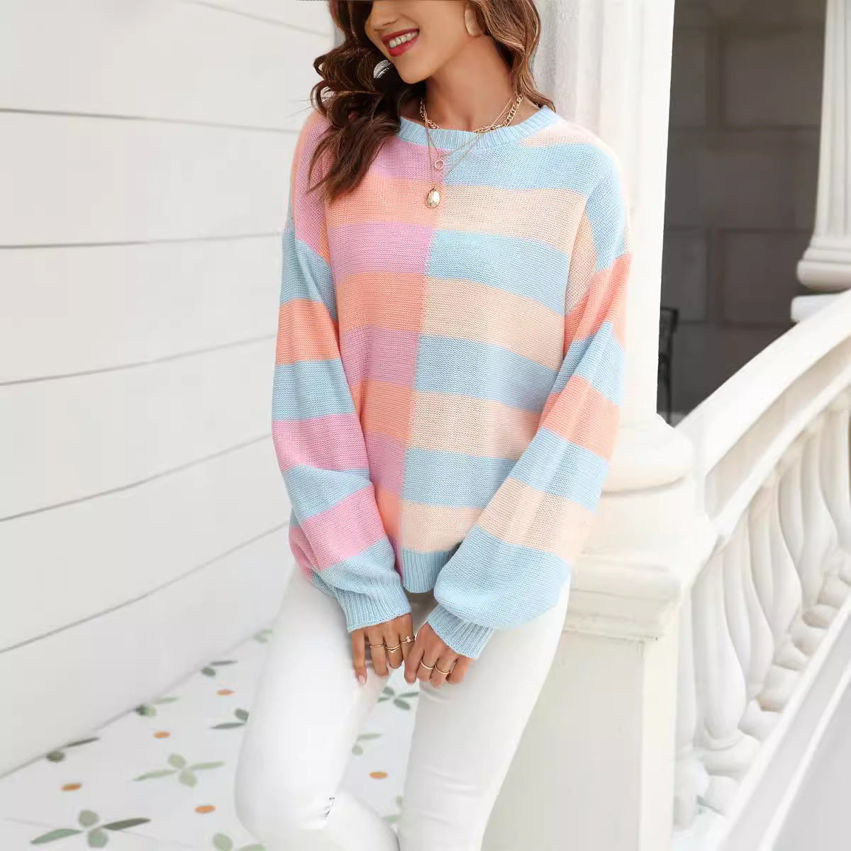 Women's Patchwork Stripes Contrast Color Round Neck Sweater