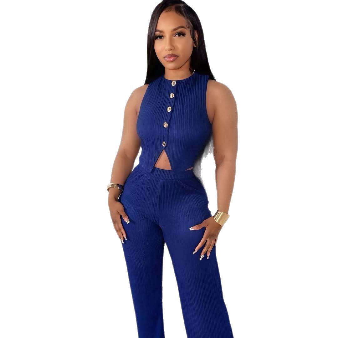 Women's Slim Fit High Waist Wide Leg Two-piece Fashion Casual Suit