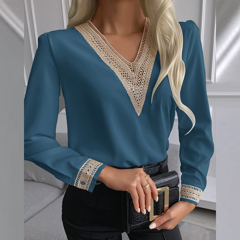 Women's Fashion Lace Shirt Solid Color Stitching Blouses