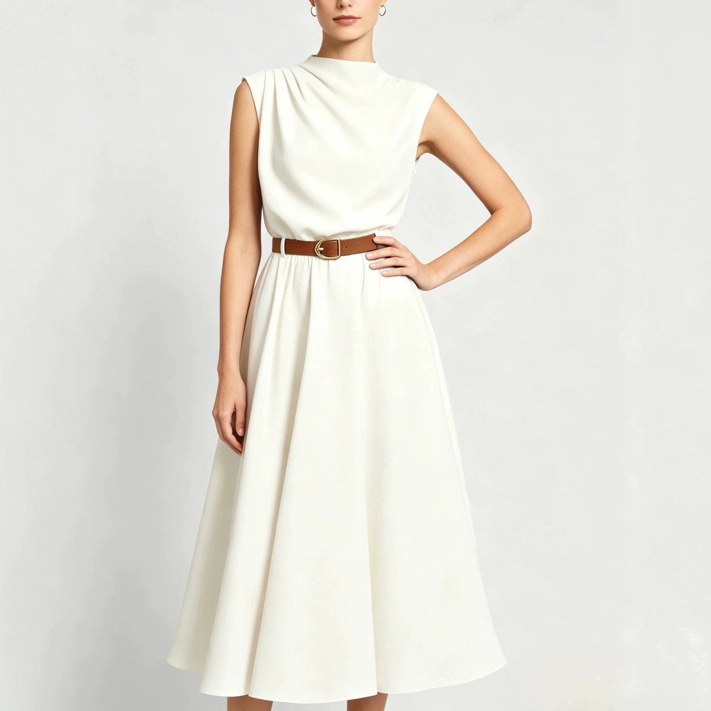 Summer Turtleneck Sleeveless Single Side Pleating With Dress