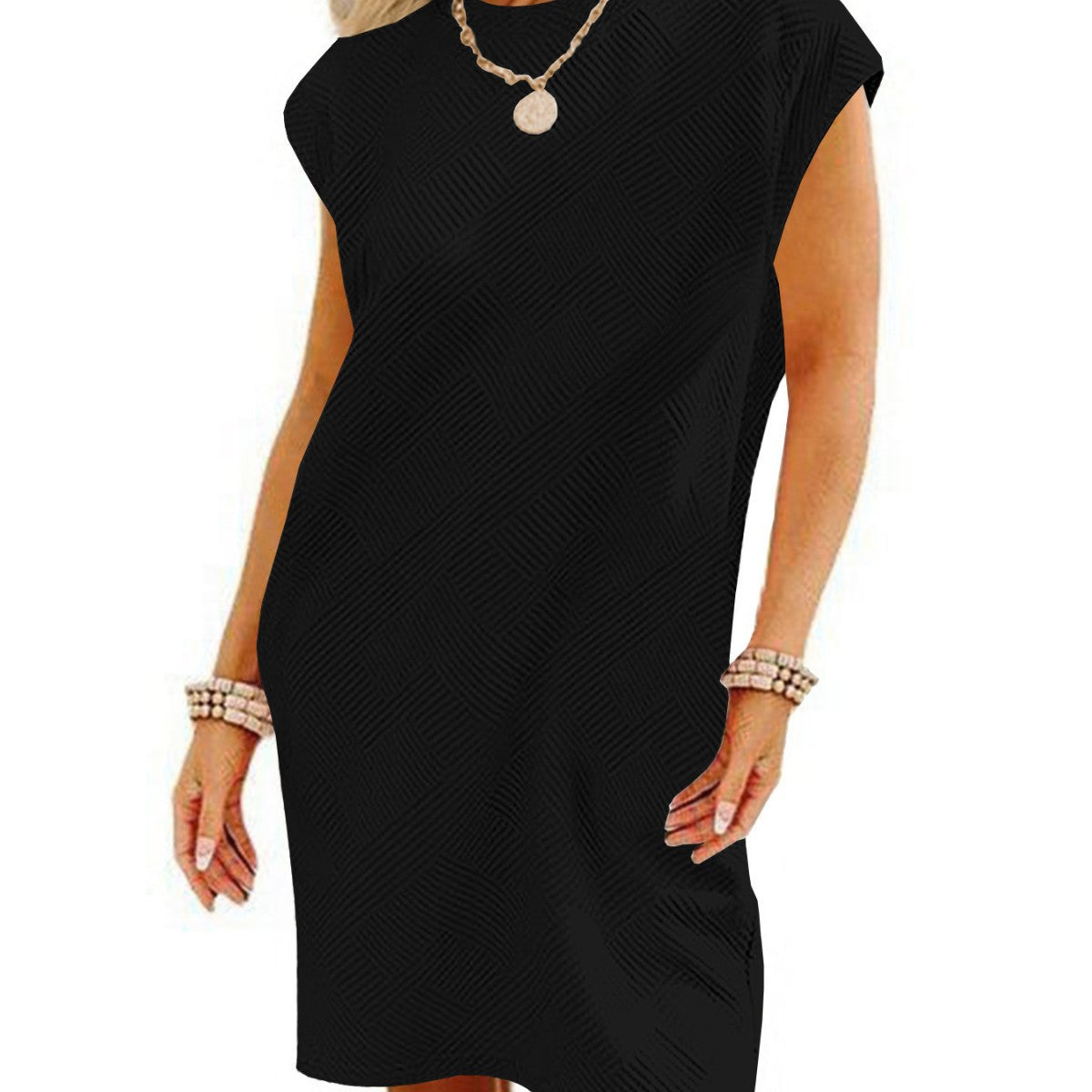 Women's Sleeve Round Neck Pullover Pocket Texture Fabric Dress