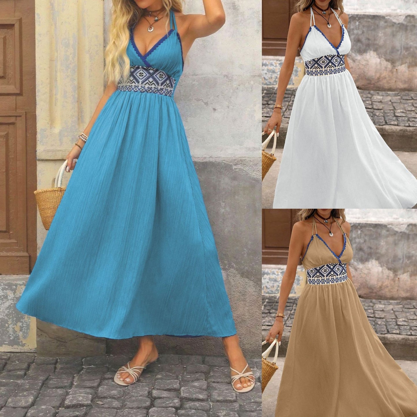 Women's Fashion Elegant Backless Halter Geometric Jacquard Holiday Clothing