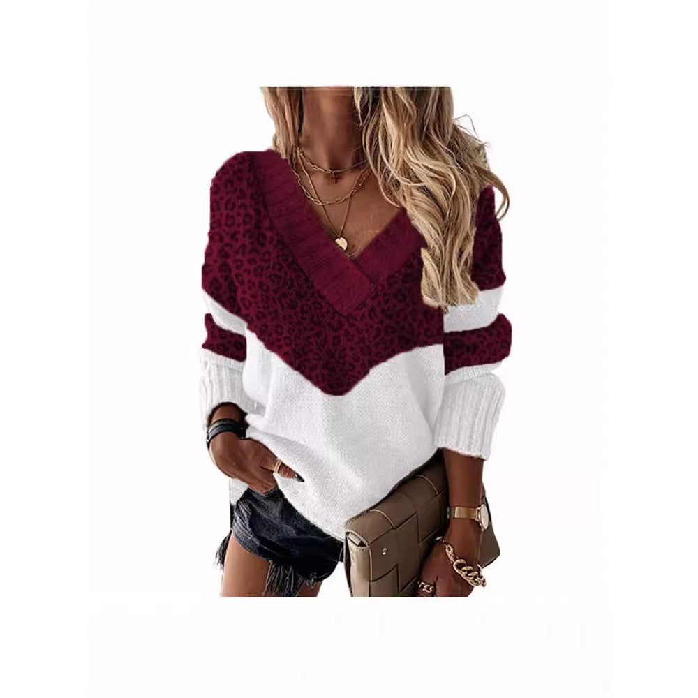 Collar Pullover Color Matching Striped Leopard Tops