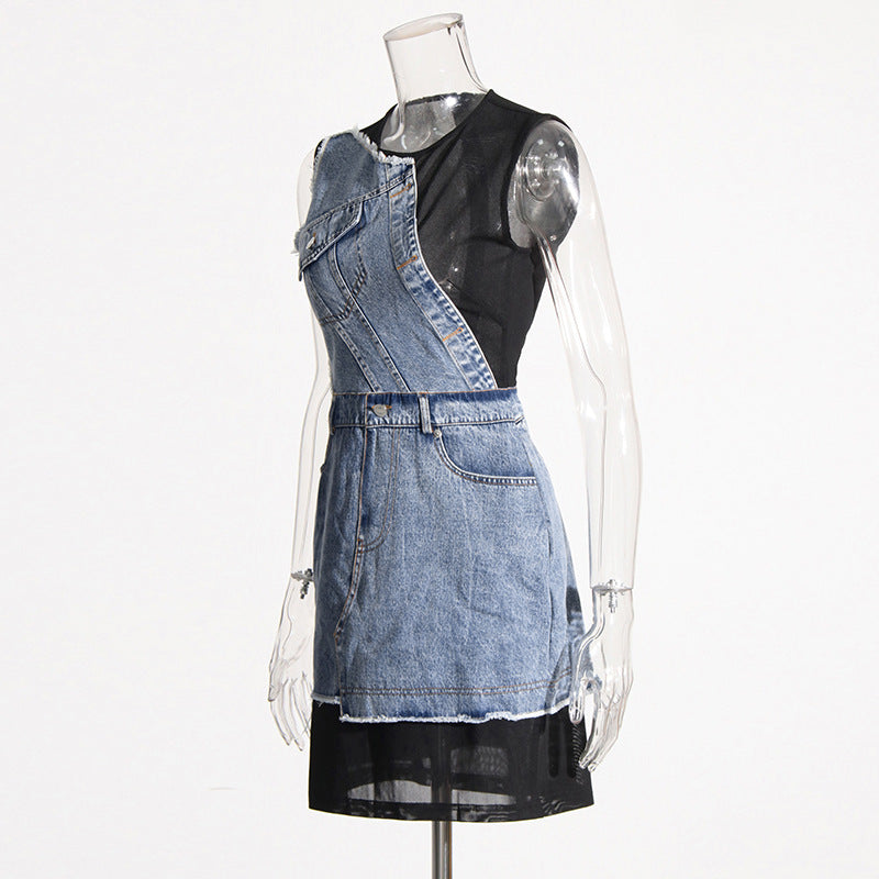 Women's Street Hipster Sleeveless Denim Summer Mesh Stitching Dress