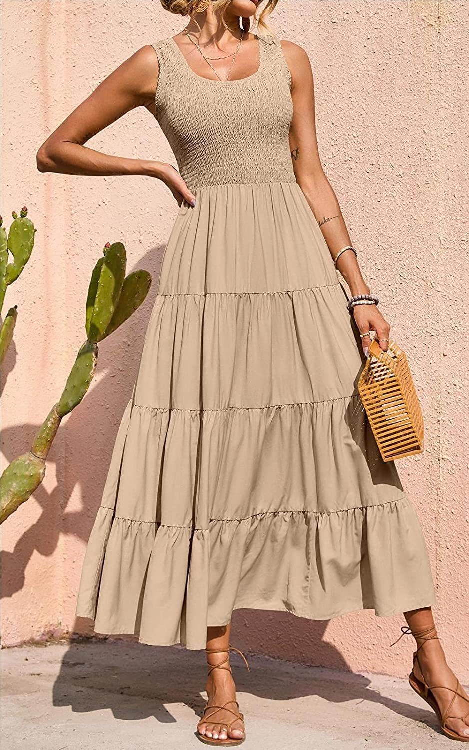 Women's Spring Suspender Pleating Stitching A- Line Large Dresses