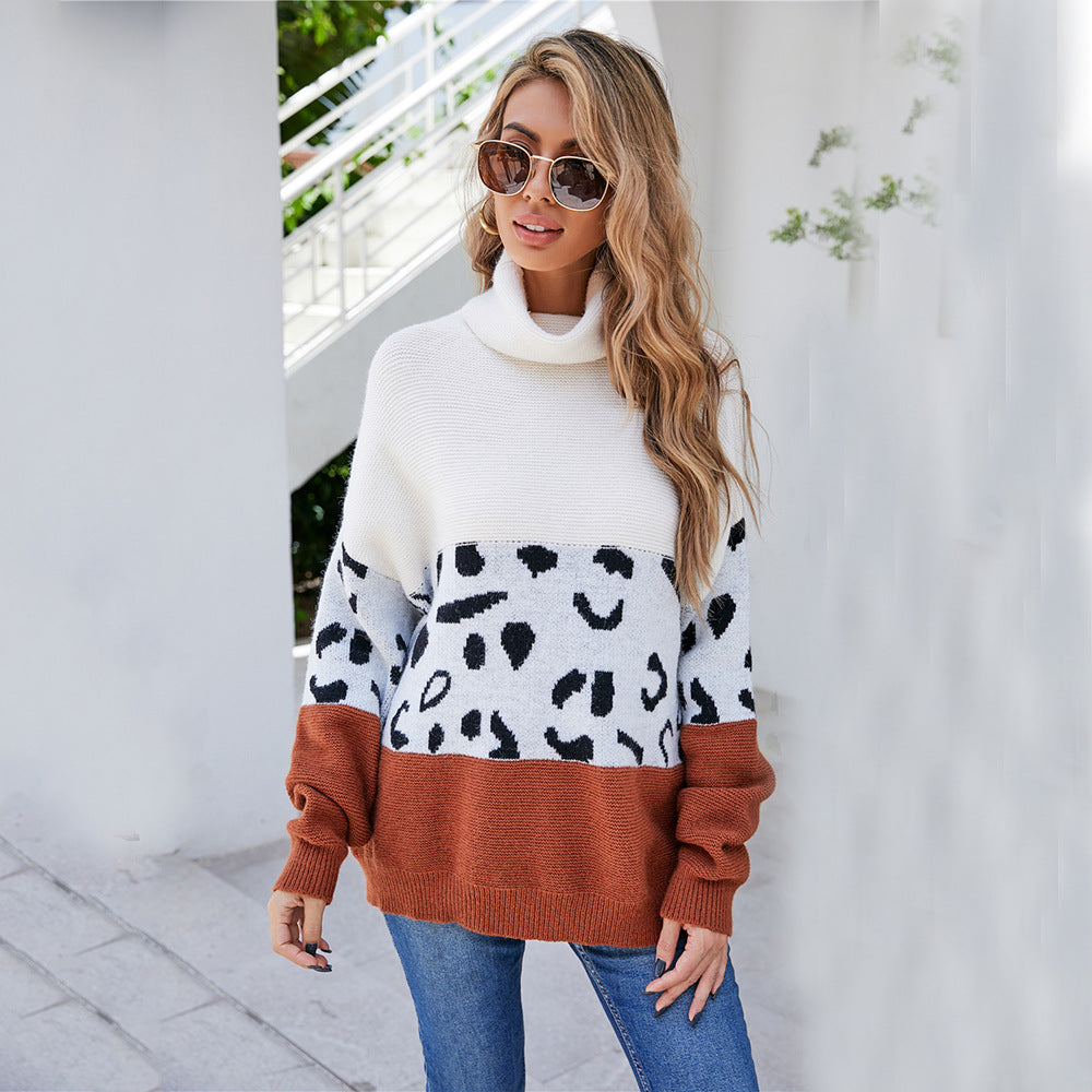 Women's Urban Casual Turtleneck Printing Stitching Leopard Print Idle Style Oversized Sweater