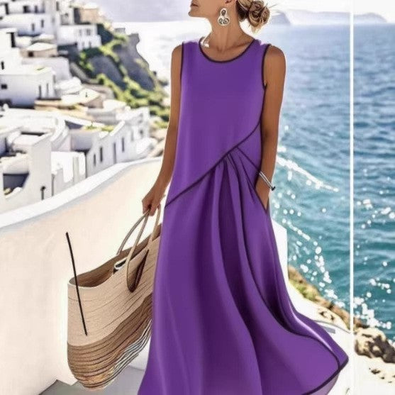 Women's Summer Mediterranean Vacation Style Contrast Color Binding Dress